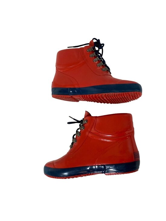 Vintage Lands End Womens Size 7 Red Blue Rain Boot Rainboots Ankle Lace Tie Up - Picture 6 of 6